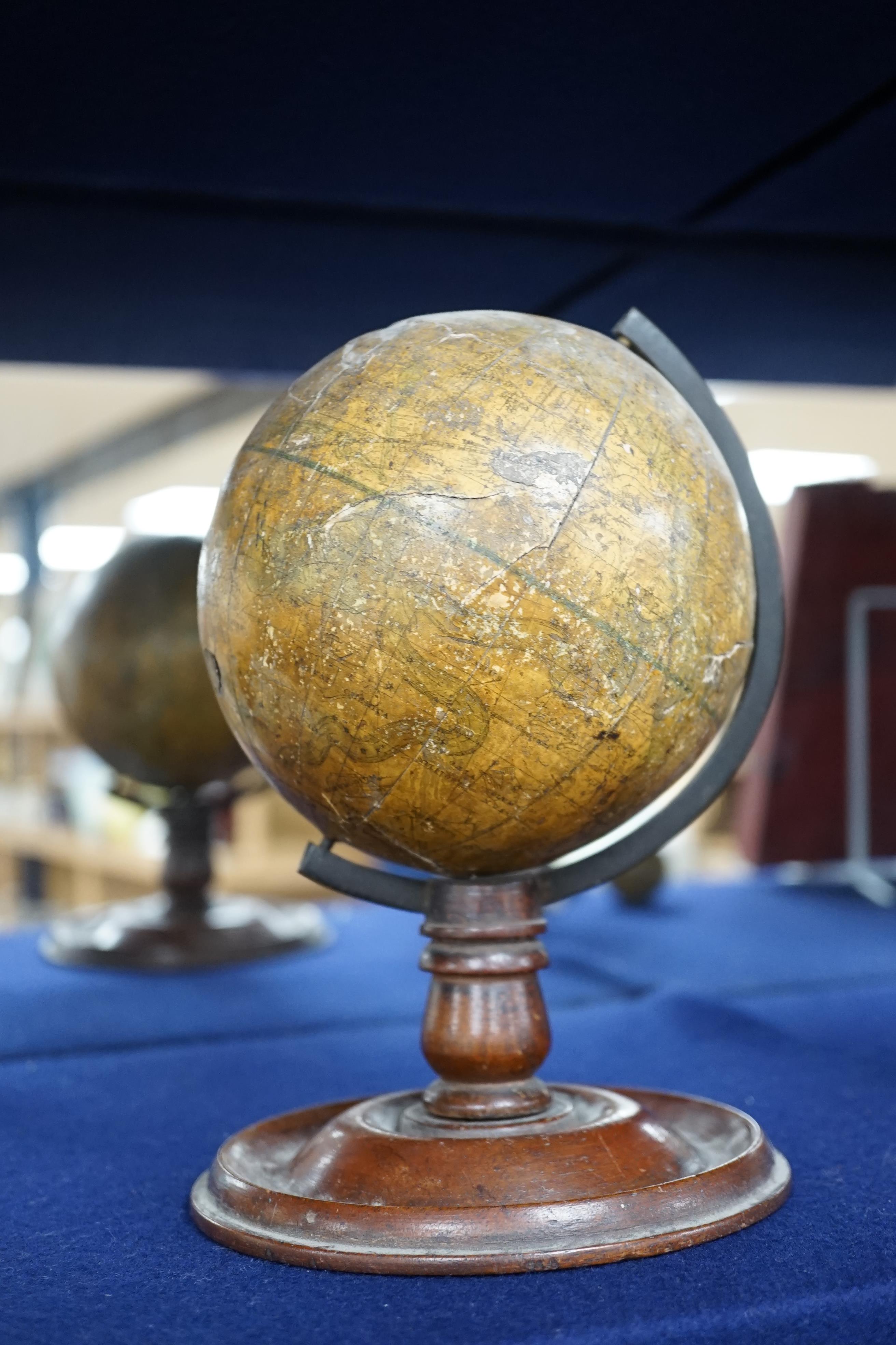 A 19th century 4.5 inch celestial globe on mahogany stand, with distinct maker’s mark reading; ‘Bales? New Celestial Globe 1846’, diameter 11cm. Condition poor, significant damage to the surface and missing sections of p